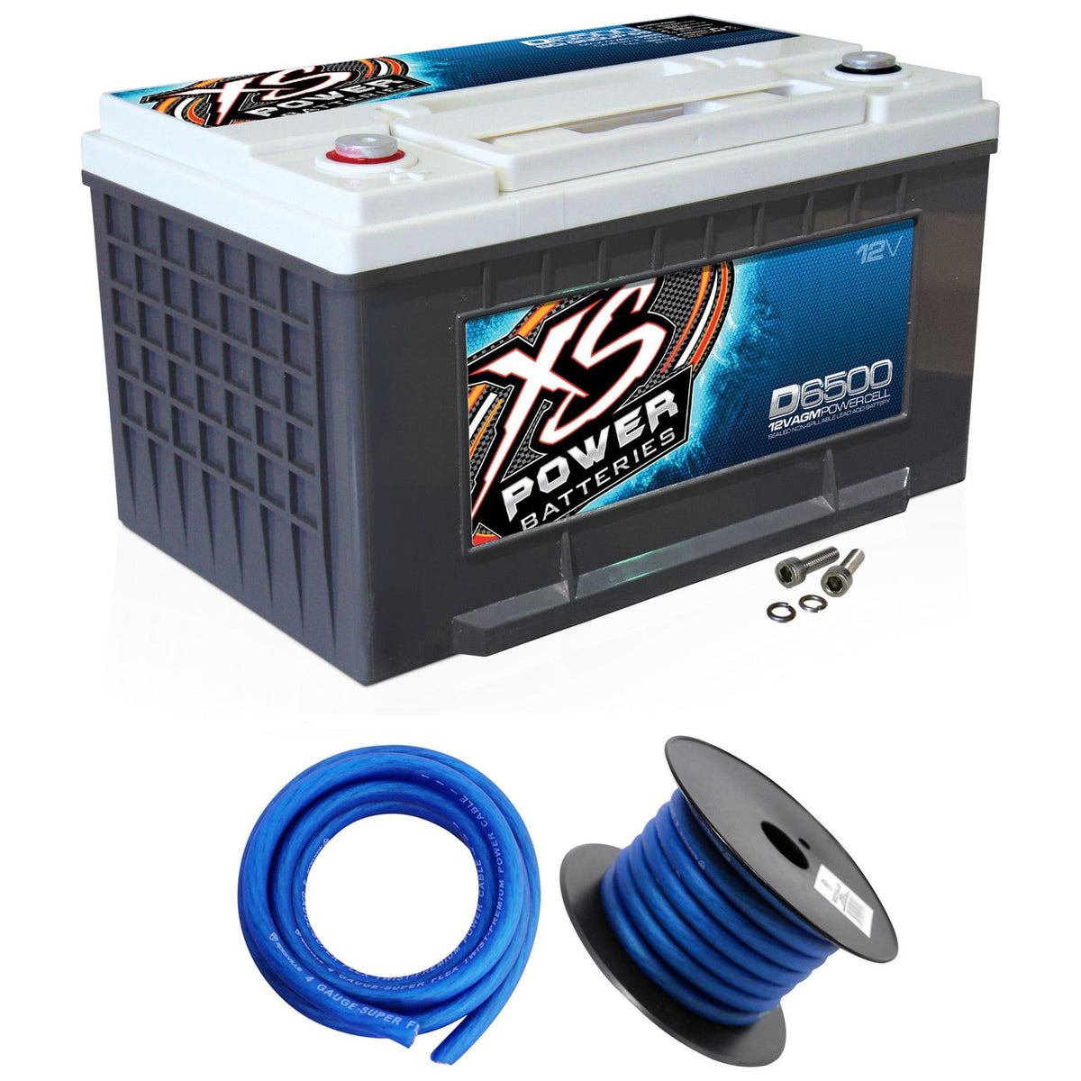 XS Power D6500 3900 Amp Car Audio Battery+Terminal Hardware+Power/Ground Wires