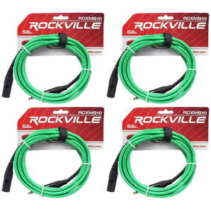 4 Rockville RCXMB10-G Green 10' Male REAN XLR to 1/4'' TRS Balanced Cables