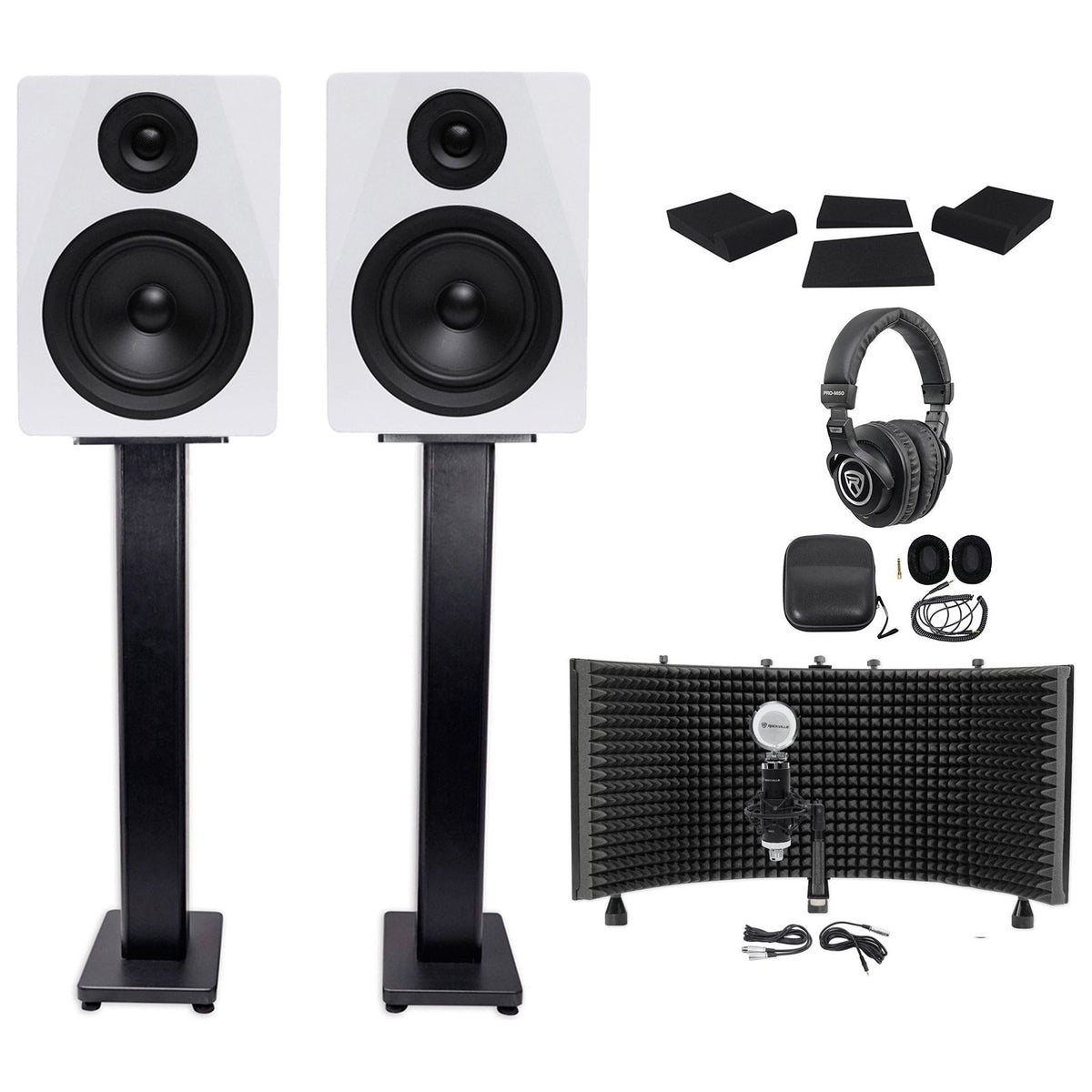 (2) DPM5W 5.25" 300W Active Studio Monitors + Stands + Headphones + Mic + Shield