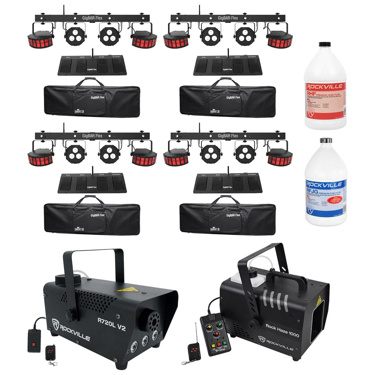 (4) GigBAR Flex Lighting Systems + Haze Machine + Fog Machine + Fluids