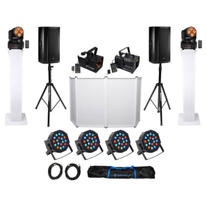 (2) JBL SRX835P 15" 2000w Powered DJ Speakers+Facade+Fog+Haze+Par Lights+Totems