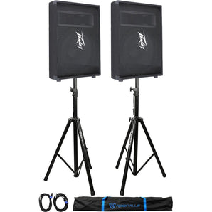 2 Peavey PV15M PV Series 15" 1000W Floor Speakers + 2)Stands+2)Cables+Carry Case