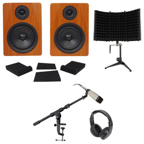 (2) Rockville 5.25" 250w Active Studio Monitors+Mic+Headphones+Stand+Shield+Pads
