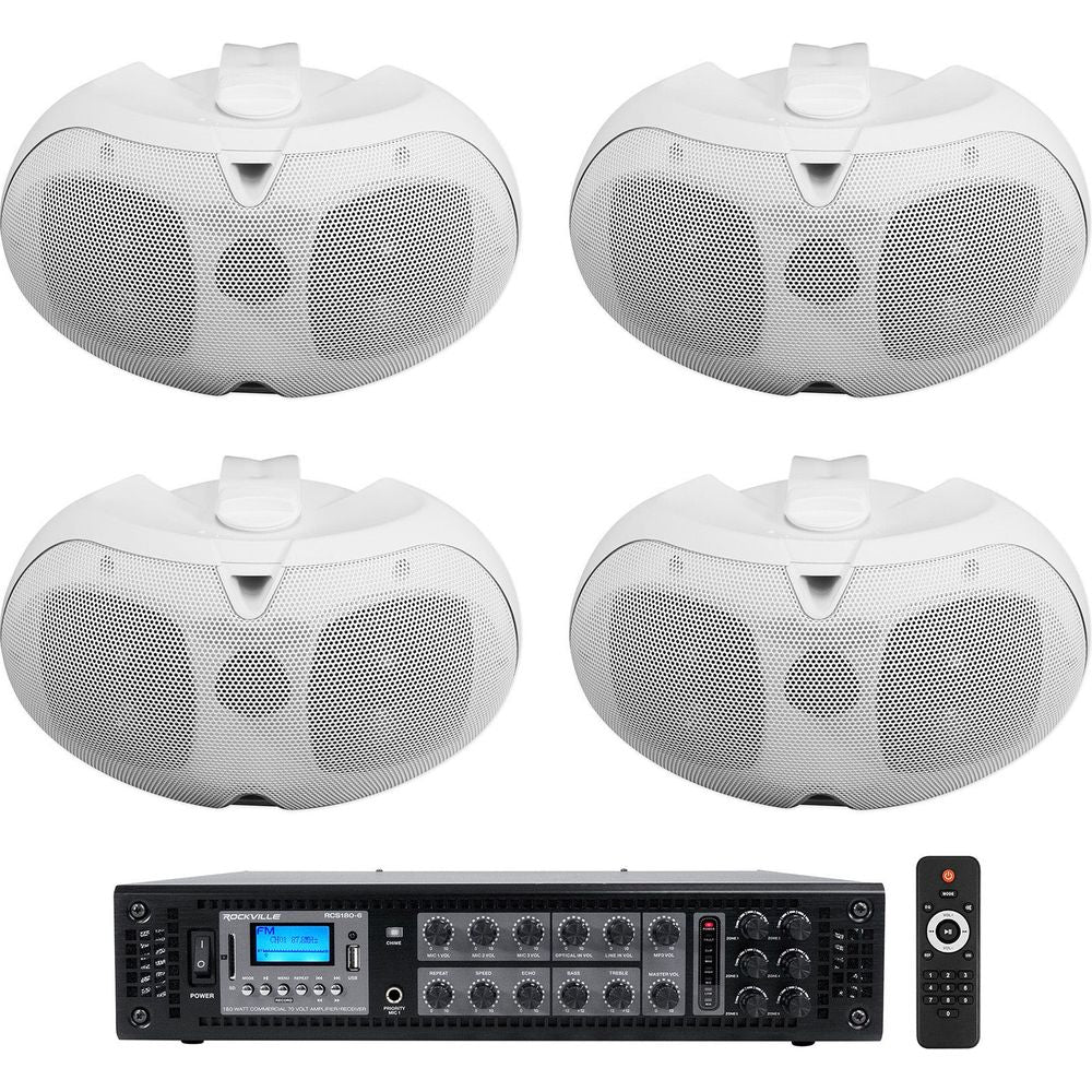 6-Zone Amplifier + (4) White Dual 4" 70V Wall Speakers for Restaurant/Bar