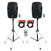 (2) BPA12 12" Powered 600W DJ PA Speakers w/Bluetooth+LED Stands+Cables