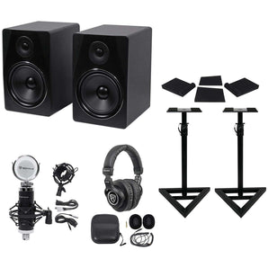 2) Rockville APM8B 8" 500w Powered Studio Monitors+Stands+Pads+Headphones+Mic