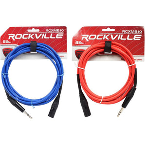 2 Rockville 10' Male REAN XLR to 1/4'' TRS Balanced Cable (Red and Blue)