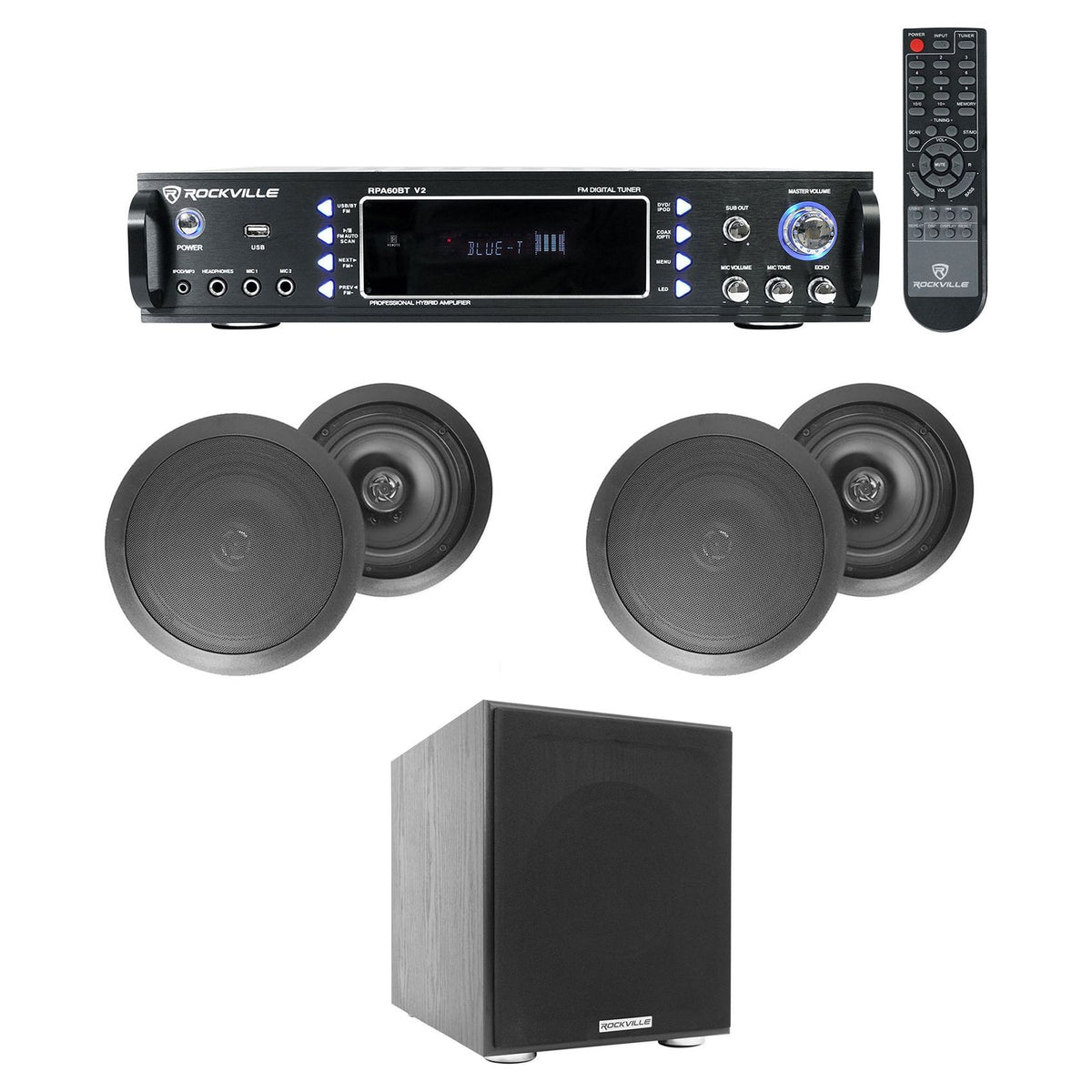 RPA60BT Home Theater Bluetooth Receiver + (4) 8" Black In-Ceiling Speakers + Sub
