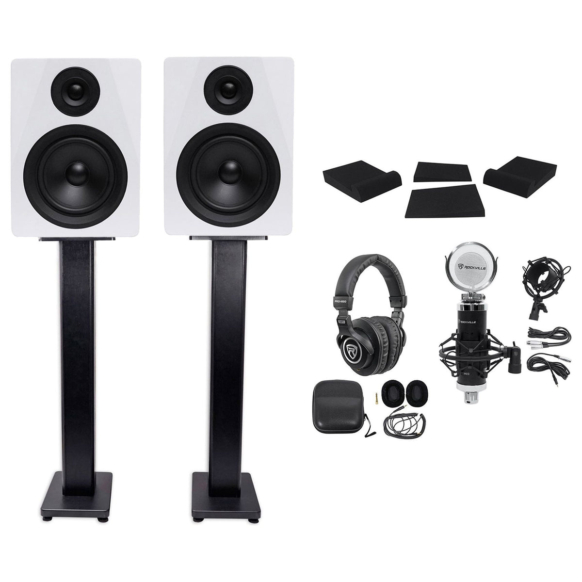 (2) DPM5W 5.25" 300W Dual Active Studio Monitors + Stands + Headphones + Mic