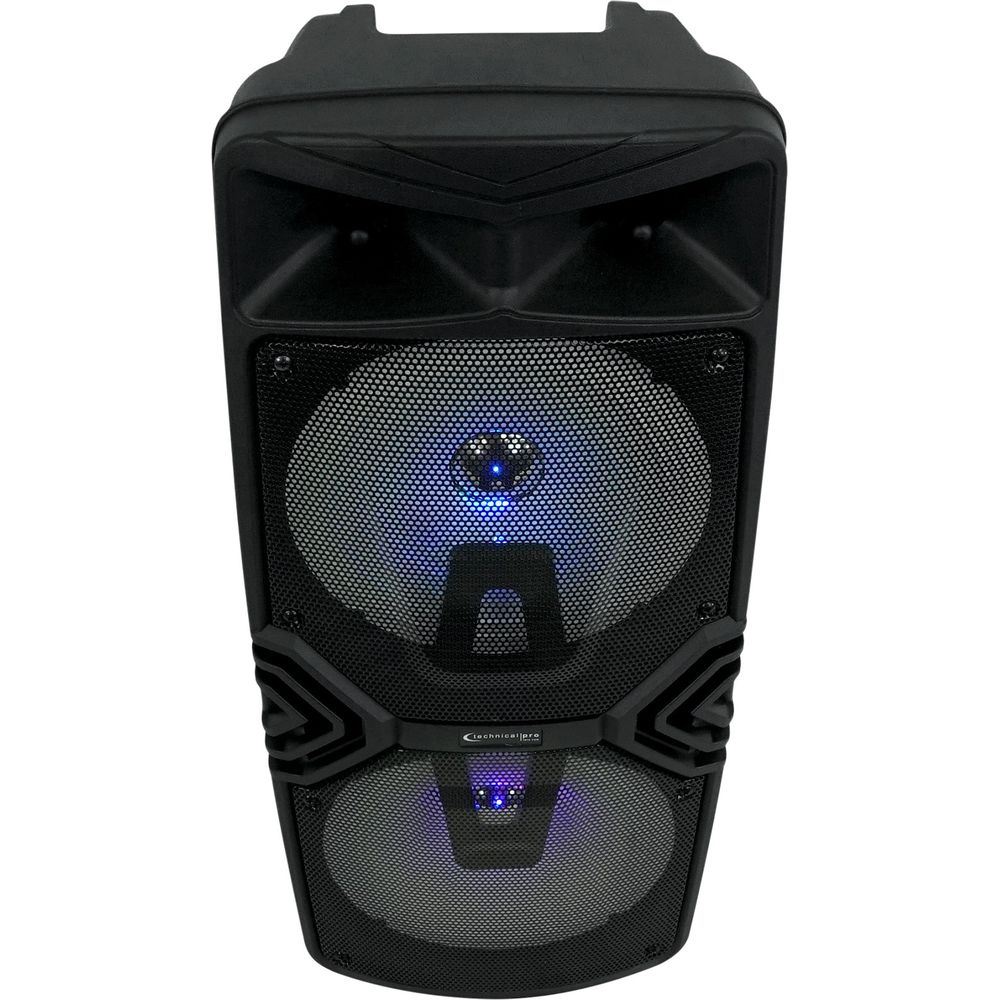 (2) STAGE28 Dual 8" Wireless Linking Rechargeable LED Speakers w/Stands & Mics
