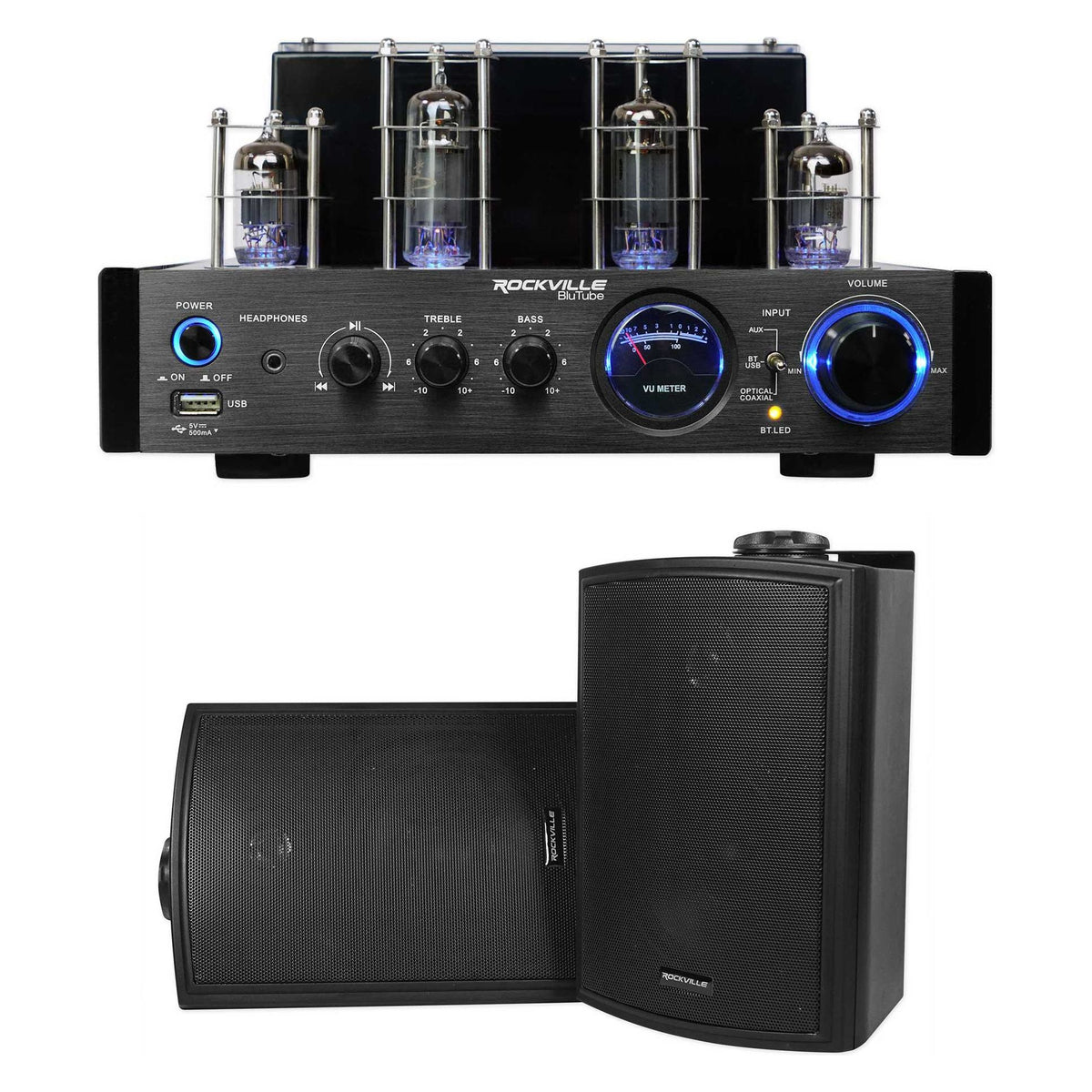 BluTube LED Tube Amplifier + (2) 5.25" Black Outdoor/Indoor Wall Speakers