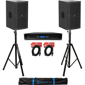 (2) Mackie DRM212-P 12" 1600 Watt DJ PA Speakers+Power Amplifier+Stands+Cables