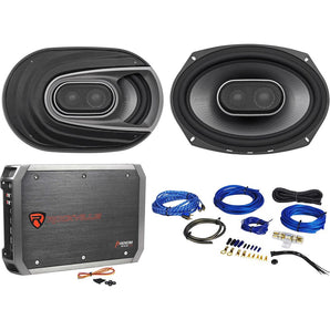 (2) Polk Audio MM692 6x9” 900w 3-Way Car Audio/Marine Speakers+2-Ch Amp+Wire Kit