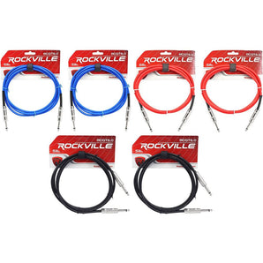 6 Rockville 6' 1/4" TS to 1/4'' TS Guitar/Instrument Cable (3 Colors x2 of each)