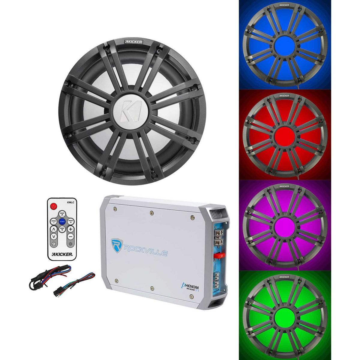 45KM104 10" Marine Subwoofer, Amplifier, Charcoal LED Grille & Remote Pack