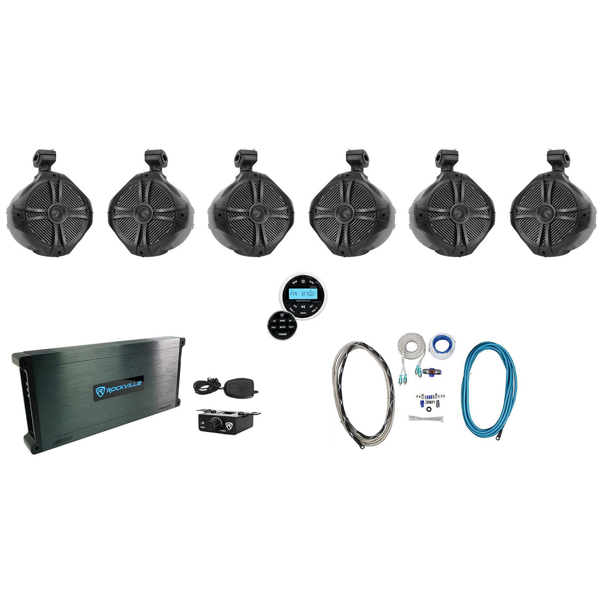 (6) RWB90B Black 8" Marine Wakeboard Swivel Speakers+Amp+Receiver