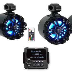 MB Quart GMR-LCD Marine/Boat Bluetooth Receiver+4) Black 6.5" LED Tower Speakers