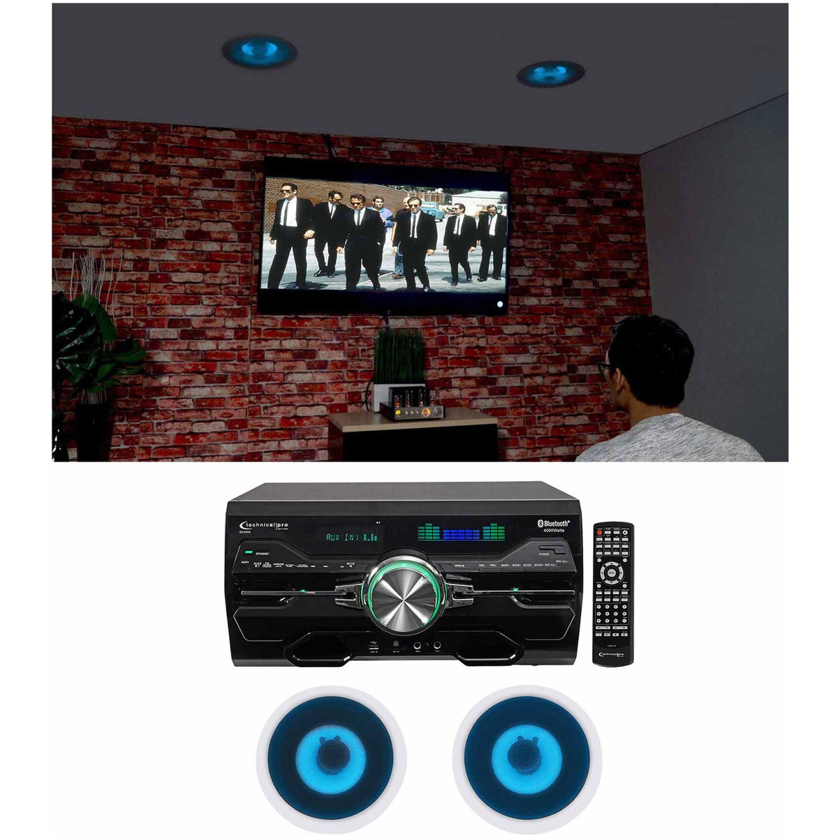 4000W Bluetooth DVD Receiver with (1) Pair 6.5" Blue LED In-Ceiling Speakers