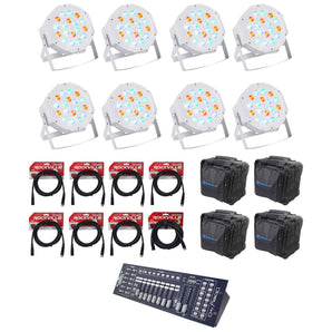 (8) FARENHEIT FHB-118 LED RGB DMX LED PAR Can Wash Lights+Controller+Cables+Bags