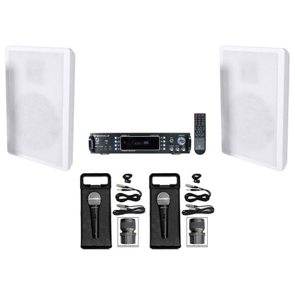 RPA60BT Bluetooth Karaoke Receiver+Slim White Wall Speakers+(2) Wired Mics