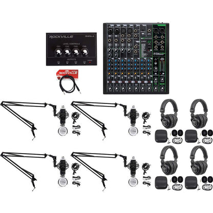 4-Person Podcast Recording Kit with ProFX10 v3 Mixer and Boom Arms