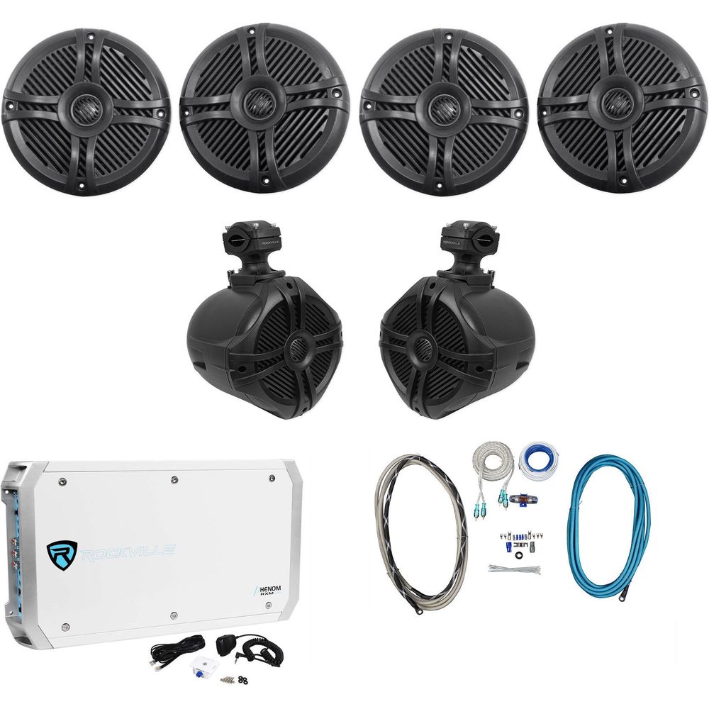 (4) RMSTS65B 6.5" Marine Speakers+2 Wakeboards+6-Ch Amp+Wire Kit