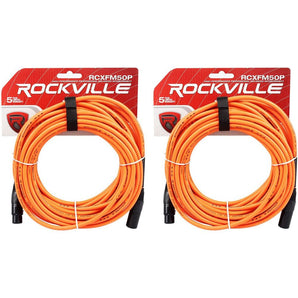 2 Rockville RCXFM50P-O Orange 50' Female to Male REAN XLR Mic Cables 100% Copper