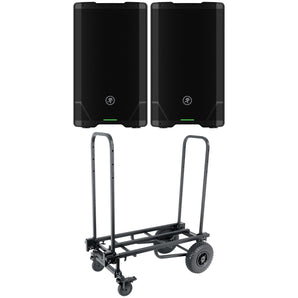 2) Mackie SRT212 12” 1600 Watt Powered DJ PA Speakers w/Bluetooth+Transport Cart