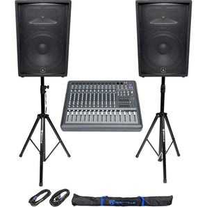 2) JBL Pro JRX215 15" 2000w PA/DJ Speakers+Powered 14-Channel Mixer w/USB+Stands
