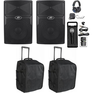 (2) Peavey PVx12 12” 800 Watt DJ PA Speakers+Rolling Travel Bags+Mic+Headphones