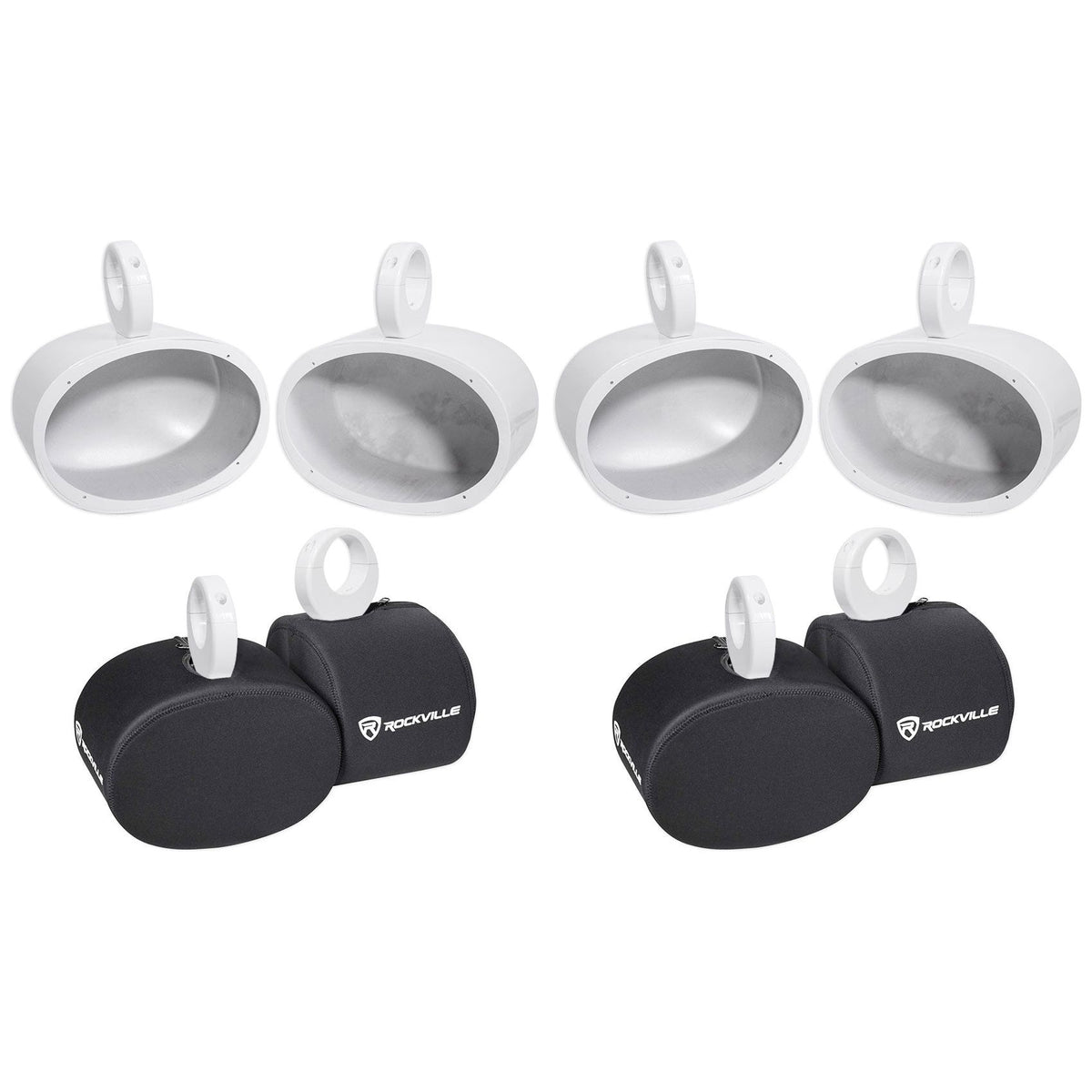 (4) MAC69W 6x9" White Aluminum Wakeboard Tower Speaker Pods+Covers
