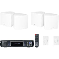 2-Room Home Audio Receiver+(4) White 3.5" Cube Speakers+Wall Controls