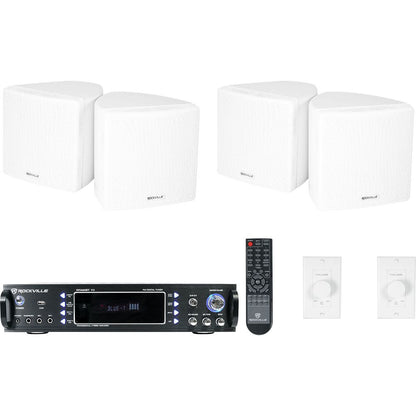 2-Room Home Audio Receiver+(4) White 3.5" Cube Speakers+Wall Controls