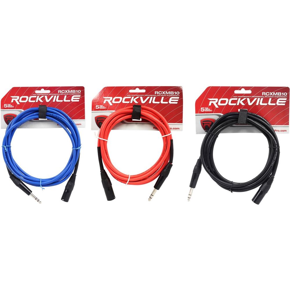 3 10' Male XLR to 1/4" TRS Cables 100% Copper (Black, Blue, and Red)