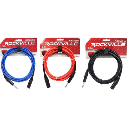 3 10' Male XLR to 1/4" TRS Cables 100% Copper (Black, Blue, and Red)