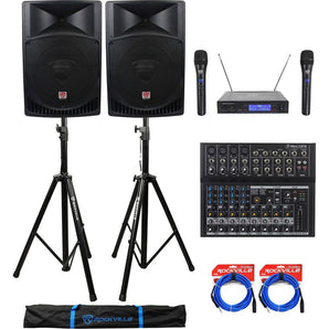 (2) Rockville RPG15 15" 2000w Active PA/DJ Speakers+Mixer+Mic+Stands+Cables+Bag
