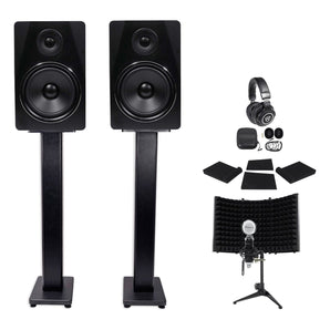 2) Rockville APM8B 8"500w Studio Monitors+36" Stands+Pads+Headphones+Mic+Shield