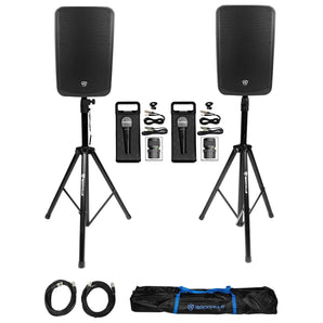 (2) Rockville TITAN 15 15" 2000w Active DJ PA Speakers/Bluetooth+(2) Mics+Stands