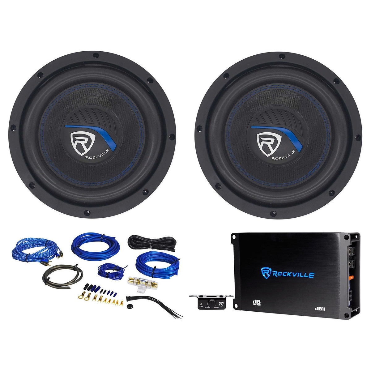 (2) K5 W8K5S4 8" 800W 4 Ohm Car Subwoofers + Mono Amplifier + Amp Kit