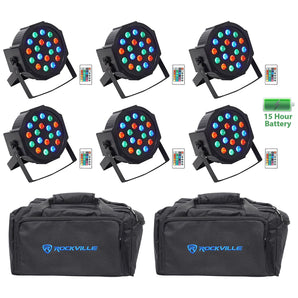 (6) Rockville BATTERY PAR 50 Rechargeable LED DMX DJ Wash Up-Lights+Remotes+Bags