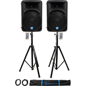 (2) Rockville RPG15BT 15" 2000w Powered BlueTooth/USB DJ Speakers+Stands+Cables