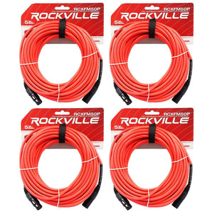 4 Rockville RCXFM50P-R Red 50' Female to Male REAN XLR Mic Cables 100% Copper