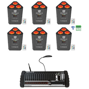 (6) Rockville RockWedge LED Battery Lights+384 Channel Wireless DMX Controller