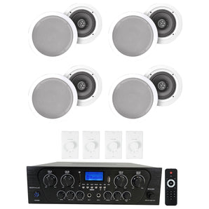 Rockville 4-Room Home Audio Kit Stereo+White 6.5" Ceiling Speakers+Wall Controls