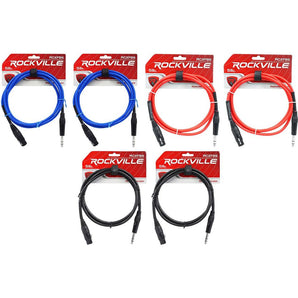 6 Rockville 6' Female Rean XLR to 1/4'' TRS  Cables (3 Colors x 2 of Each)