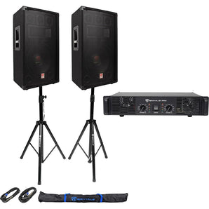 2 Rockville RSG12.4 12” 1000w DJ Speakers+RPA5 1000w Amplifier+Stands+Cables+Bag
