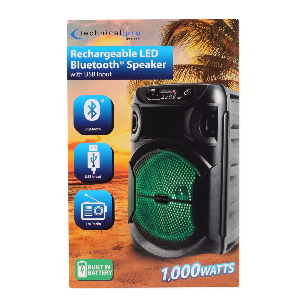 Technical Pro BOOM8 Rechargeable 8" LED Party Speaker w/Bluetooth/USB+Microphone
