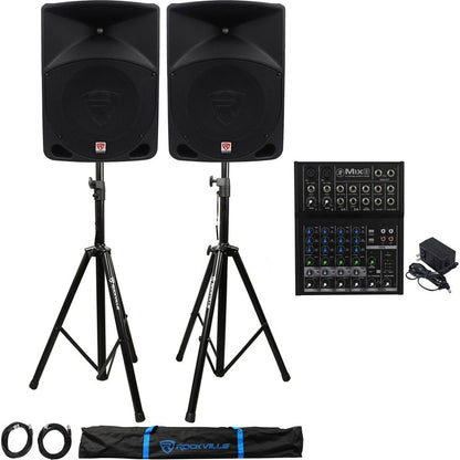 (2) RPG10 10" Powered 1200W 2-Way Speakers + Mackie Mixer + 2 Stands