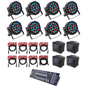 (8) FARENHEIT FHB-118 LED RGB DMX LED PAR Can Wash Lights+Controller+Cables+Bags