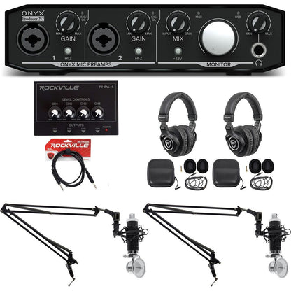 Podcast Bundle with Interface, Two Mics, Two Headphones, Amp and Booms
